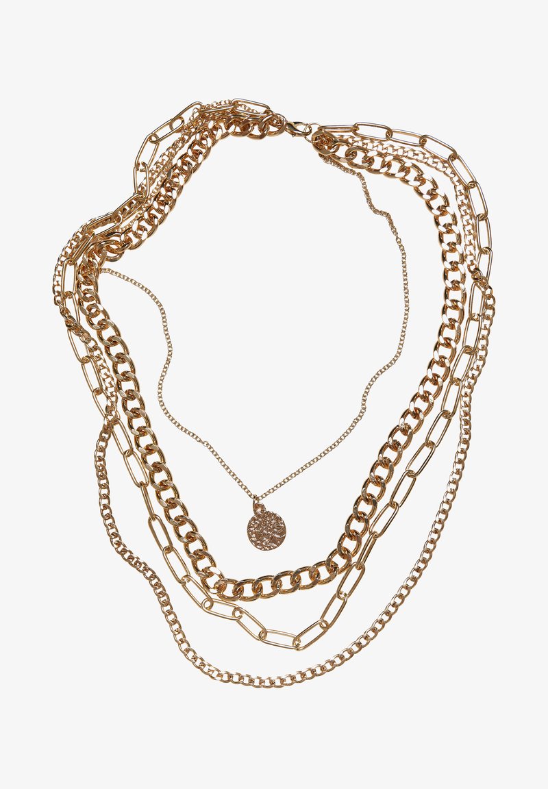 Gold tone layered chain necklace featuring various chain styles, including flat, link, and delicate chain, with a pendant detailing.
