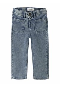 Pantalones vaqueros de mezclilla azul con un diseño clásico, que cuentan con un cierre de botón, cinco bolsillos y un ligero desvanecimiento. Corte recto y detalles de costura.