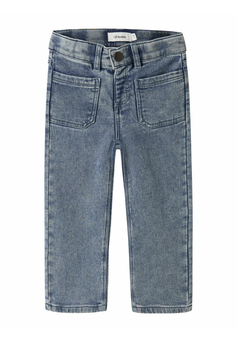Pantalones vaqueros de mezclilla azul con un diseño clásico, que cuentan con un cierre de botón, cinco bolsillos y un ligero desvanecimiento. Corte recto y detalles de costura.
