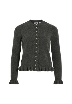 Tamsiai pilkas megztas kardiganas su apvaliu kaklu, priekyje užtraukiamas sagomis ir volavimo apdaila ant hem ir rankovių. Papuoštas šviesiomis dekoratyvinėmis sagomis.