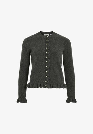 Tumši pelēks adīts kardigans ar apaļu kaklu, priekšējo pogu aizdari un viļņotu apakšmalu un piedurknēm. Izceļas ar dekoratīvām gaišām pogām.
