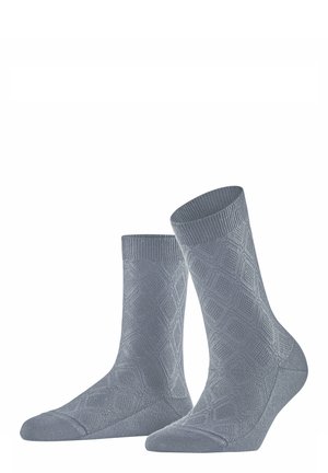 Grau gemusterte Socken mit einem Diamantmuster, geripptem Bündchen und weichem Stoff. Entworfen für Komfort und Haltbarkeit. Mittlere Schafthöhe.