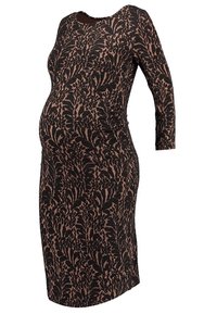 Gravidklänning med långa ärmar, svart och rosa blommönster, figursydd design, rund halsringning, knä-längd, mjukt, stretchigt material.