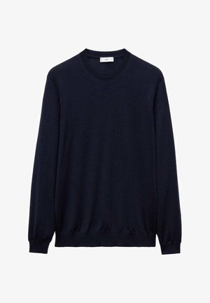 Navy blue crew neck sweater made of soft fabric, featuring long sleeves and ribbed cuffs and hem. Simple, classic design.