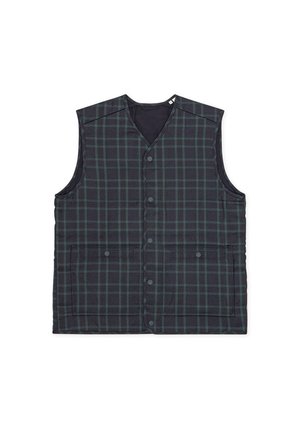 Αμάνικο γιλέκο καρό σε σκούρο πράσινο και ναυτικό μπλε, κατασκευασμένο από απαλό ύφασμα, με κουμπιά με κλιπ μπροστά και δύο κάτω τσέπες.