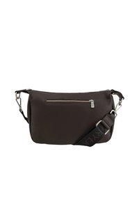 Dark brown leather crossbody bag with a textured finish, featuring a front zipper pocket and an adjustable strap with logo detailing.