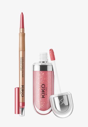 Gloss à lèvres pailleté rose avec applicateur et crayon contour des lèvres métallique or rose, marqué KIKO Milano sur fond blanc.