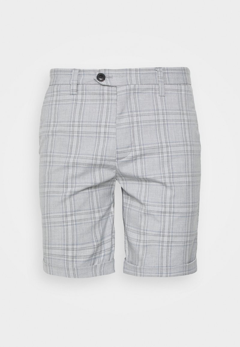 Shorts pour hommes à carreaux gris clair avec fermeture par bouton et zip, passants pour ceinture et ourlets retroussés.