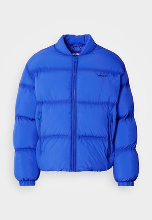 Chaqueta de plumas azul con cuello alto, cierre de cremallera en la parte delantera y dos bolsillos laterales. Fabricada con un material suave y con secciones acolchadas.