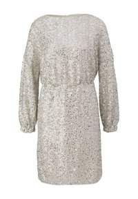 Silverfärgad klänning med paljetter, långa puffärmar, rund halsringning och elastisk midja. Tygtexturen är glatt med en blänkande yta.