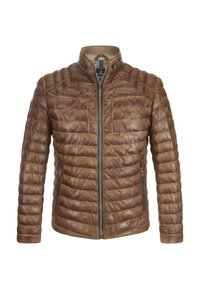 Braune Lederjacke mit einem gesteppelten Design, hohem Kragen, Frontreißverschluss und zwei seitlichen Reißverschlusstaschen. Sie zeichnet sich durch eine glatte Textur und eine moderne Passform aus.
