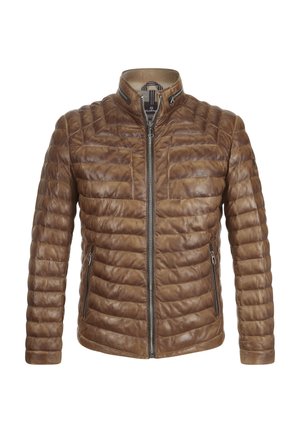 Braune Lederjacke mit einem gesteppelten Design, hohem Kragen, Frontreißverschluss und zwei seitlichen Reißverschlusstaschen. Sie zeichnet sich durch eine glatte Textur und eine moderne Passform aus.