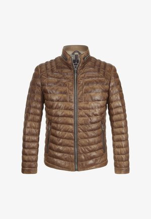 Braune Lederjacke mit einem gesteppelten Design, hohem Kragen, Frontreißverschluss und zwei seitlichen Reißverschlusstaschen. Sie zeichnet sich durch eine glatte Textur und eine moderne Passform aus.