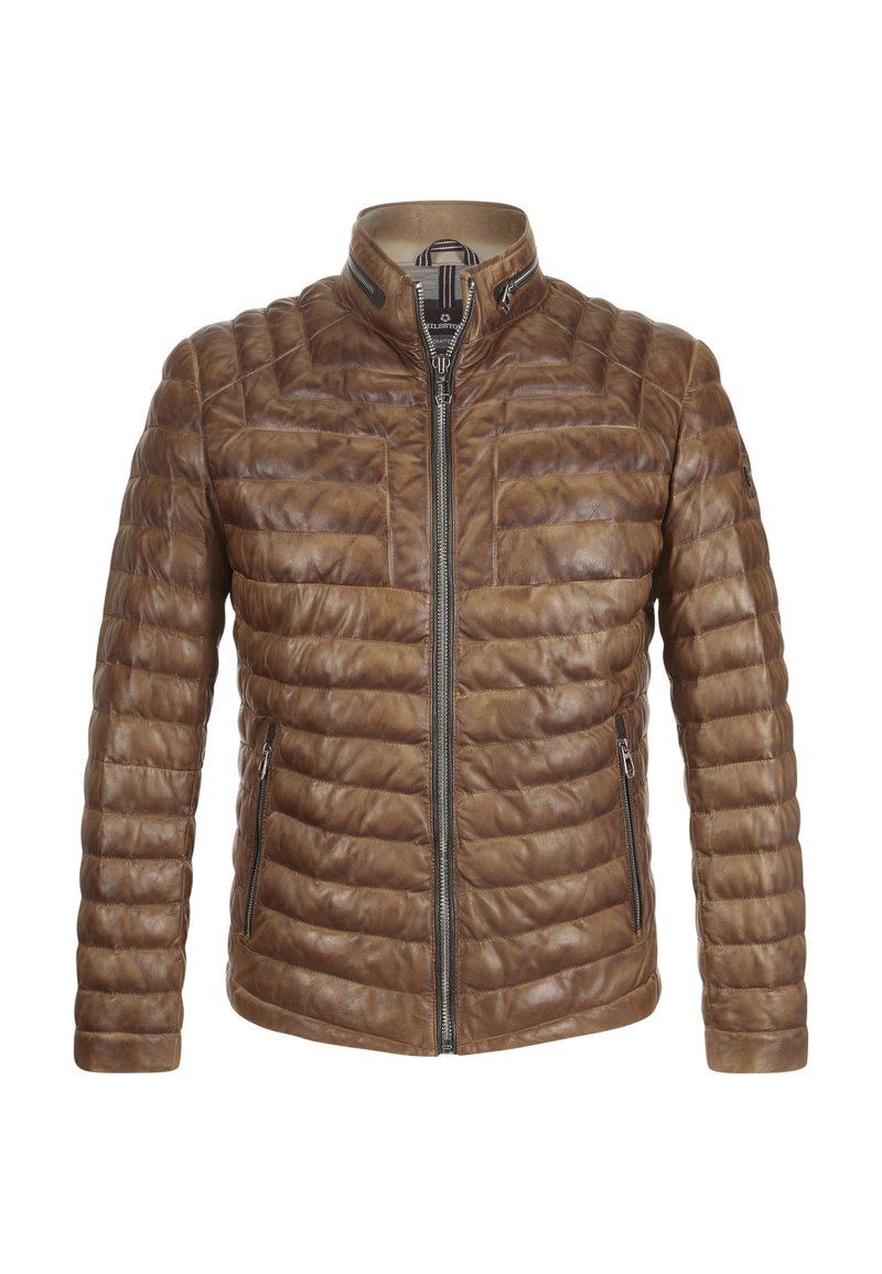 Braune Lederjacke mit einem gesteppelten Design, hohem Kragen, Frontreißverschluss und zwei seitlichen Reißverschlusstaschen. Sie zeichnet sich durch eine glatte Textur und eine moderne Passform aus.