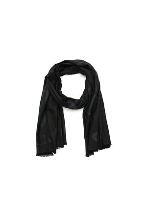 Black scarf made of soft fabric, featuring a subtle pattern, fringed edges, and a lightweight, draping design.