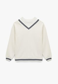 Biała bluza z dekoltem w serek, z granatowymi paskami, długimi rękawami oraz ściągaczami przy mankietach i hemie. Miękka tekstura materiału, casualowy design.