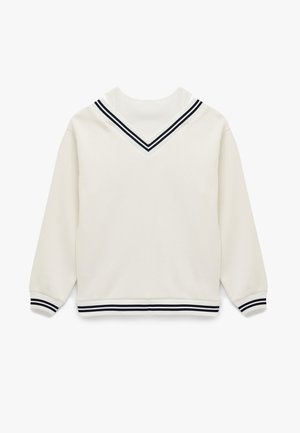 Weißes Sweatshirt mit V-Ausschnitt und marineblauen Streifen, langen Ärmeln sowie gerippten Bündchen und Saum. Weicher Stoff, lässiges Design.