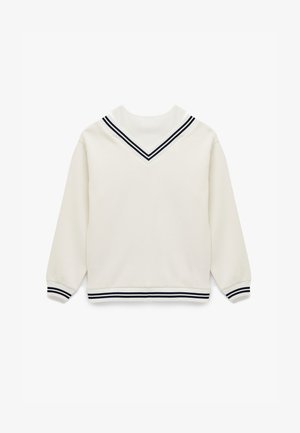 Weißes Sweatshirt mit V-Ausschnitt und marineblauen Streifen, langen Ärmeln sowie gerippten Bündchen und Saum. Weicher Stoff, lässiges Design.