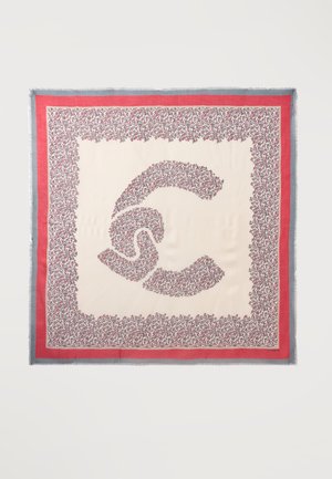 Kvadratisk lyse beige tørklæde med rødt og gråt blomsterprint, der danner en abstrakt design i midten og en rød og grå kant.