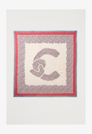 Kvadratisk lyse beige tørklæde med rødt og gråt blomsterprint, der danner en abstrakt design i midten og en rød og grå kant.