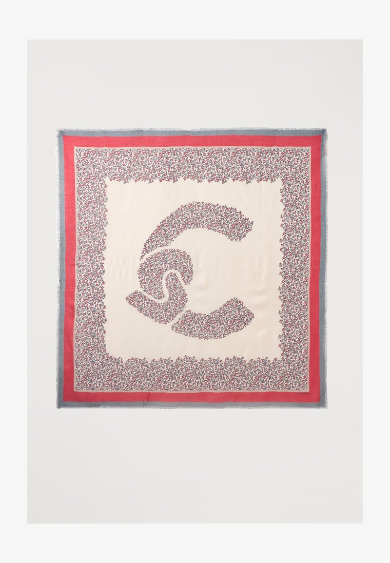 Écharpe carrée beige clair avec motif floral rouge et gris formant un dessin abstrait au centre et une bordure rouge et grise.