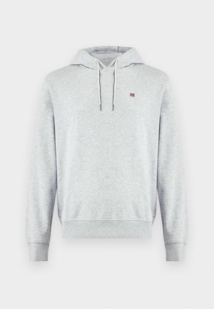 Sudadera con capucha color gris claro con cordones y pequeño emblema de la bandera noruega en el pecho, puños y dobladillo acanalados.