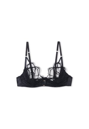 Bralette in pizzo nero con pannelli trasparenti, fascia in satin e spalline regolabili. Presenta una chiusura a due ganci davanti. Dettagli in pizzo intricati.