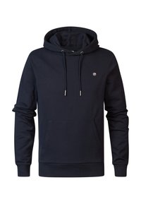 Marinefarbener Pullover-Hoodie aus weichem Stoff, mit einer Kängurutasche, Zugbändern und einem kleinen Logo auf der Brust.