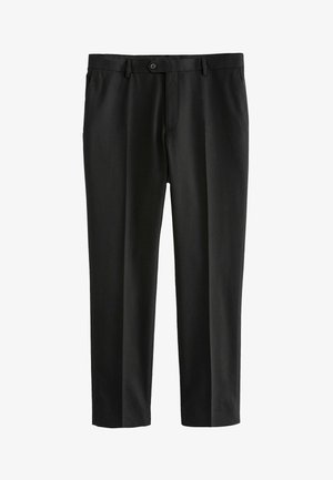 Black dress pants made of smooth fabric, featuring a straight-leg design, front pleats, standard waistband, and single button closure.