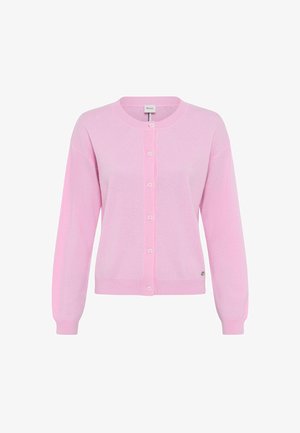Light pink knitted cardigan with a round neckline, long sleeves, and button closure. Features a subtle texture and small logo detail at the hem.