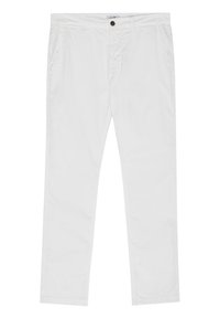 Białe bawełniane spodnie o prostym kroju nogawki, z przednimi kieszeniami i zapięciem na guzik. Gładka faktura, minimalne zagniecenia i schludny wygląd.