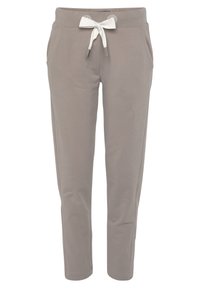 Helle graue Jogginghose aus weichem Stoff, ausgestattet mit einem Kordelzugbund und Seitentaschen, glatter Textur und schmal zulaufendem Design.