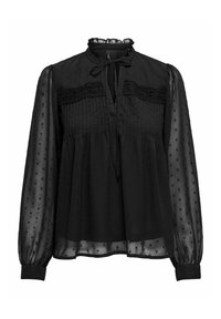 Schwarze Bluse mit Rüschenausschnitt und Krawattendetail. Aus durchscheinendem Stoff mit strukturierten Herzen und gefalteten Akzenten gefertigt. Lange, geraffte Ärmel.