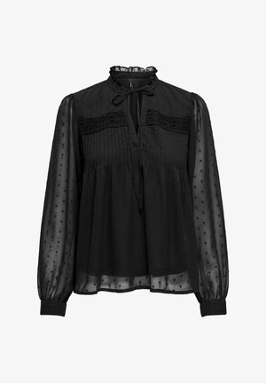 Blusa negra con escote con volantes y detalle de lazo. Fabricada en tela transparente con corazones texturizados y detalles plisados. Mangas largas y fruncidas.