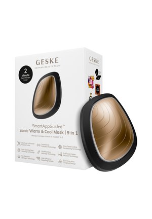 Appareil GESKE Sonic Warm & Cool Mask à côté de sa boîte blanche, avec 9 technologies de soins de la peau en 1 et un soin du visage suralimenté de 2 minutes.