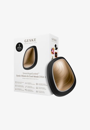 Appareil GESKE Sonic Warm & Cool Mask à côté de sa boîte blanche, avec 9 technologies de soins de la peau en 1 et un soin du visage suralimenté de 2 minutes.