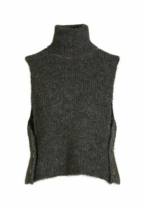 Donkergrijze gebreide mouwloze coltrui-vest met knopen aan de zijkanten en een getextureerde wollen stof.