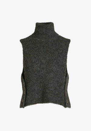 Tumedast hallist kinnine, käisteta kõrge kaelusega kudumvest, külgedel nupud ja tekstureeritud villasest kangast.