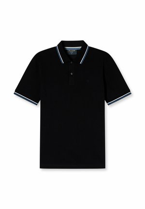 Schwarzes Poloshirt aus Baumwolle mit einer Knopfleiste mit zwei Knöpfen, kontrastierenden weißen und blauen Streifen am Kragen und an den Ärmeln.