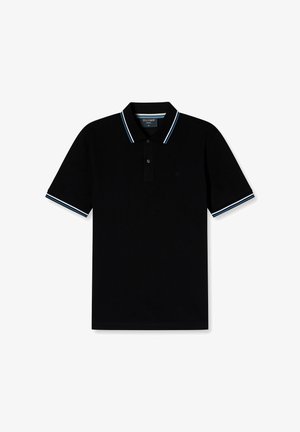 Zwarte polo shirt van katoen, met een tweeknoopsluiting en contrasterende witte en blauwe strepen op de kraag en mouwen.