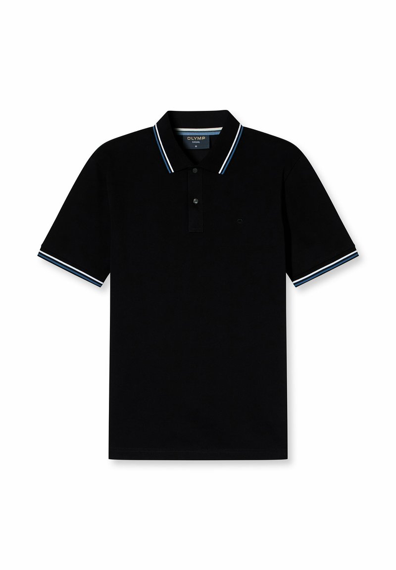 Schwarzes Poloshirt aus Baumwolle mit einer Knopfleiste mit zwei Knöpfen, kontrastierenden weißen und blauen Streifen am Kragen und an den Ärmeln.