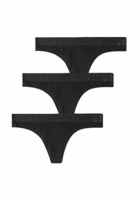 Drie paar zwarte stringtangas gemaakt van zachte stof, met een brede elastische tailleband met een subtiel logopatroon.