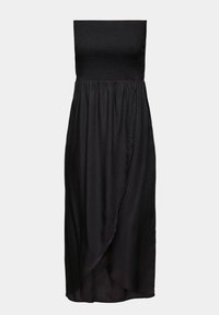 Robe noire bustier avec corsage froncé et jupe portefeuille tombant sous le genou sur un fond clair uni.
