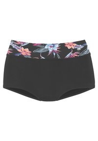 Schwarze Badehose mit einem blumigen, in Blau-, Rosa- undlila-Tönen gemusterten Bund. Glatte Textur mit elastischem Bund.