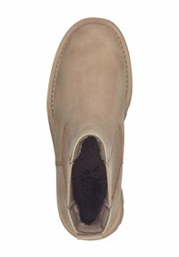 Beige ankle boot made of soft leather, featuring side elastic panels, rounded toe, and a textured interior lining.