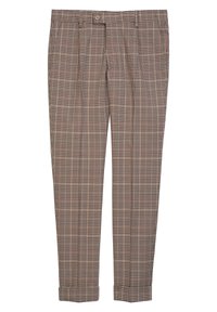 Rutiga byxor i brunt, svart och inslag av kräm. Har en plisserad framsida, avsmalnande ben och uppvikt fåll. Tillverkade av vävt tyg.