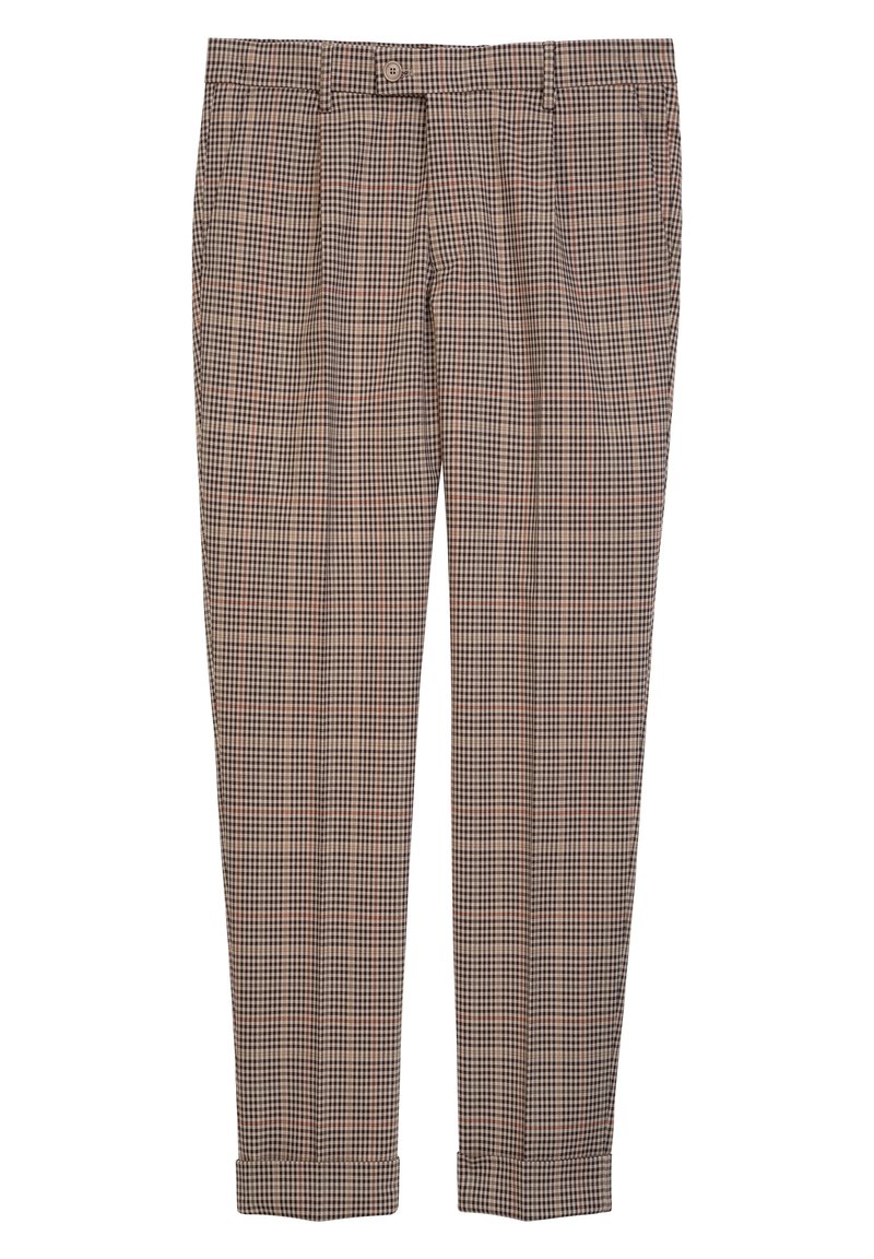 Rutiga byxor i brunt, svart och inslag av kräm. Har en plisserad framsida, avsmalnande ben och uppvikt fåll. Tillverkade av vävt tyg.