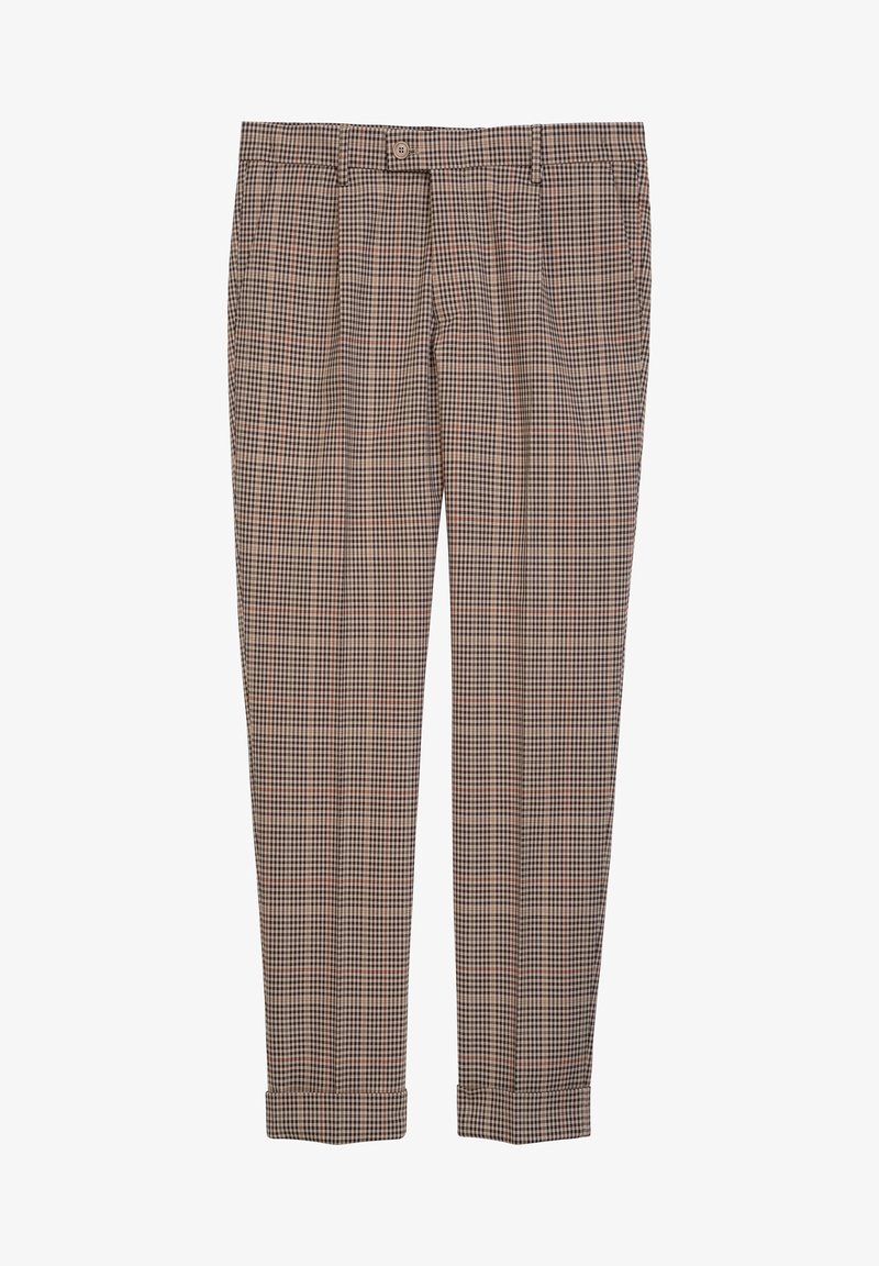 Rutiga byxor i brunt, svart och inslag av kräm. Har en plisserad framsida, avsmalnande ben och uppvikt fåll. Tillverkade av vävt tyg.