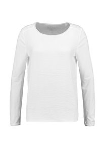 Weißes Langarmshirt mit rundem Ausschnitt. Hergestellt aus weicher, leichter Baumwolle. Merkmale sind minimale Nähte und keine sichtbaren Muster.