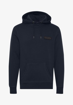 Donkerblauwe hoodie van zachte stof, met een voorvak in kangoeroestijl, een capuchon met trekkoord en een rechthoekig geweven label op de borst.